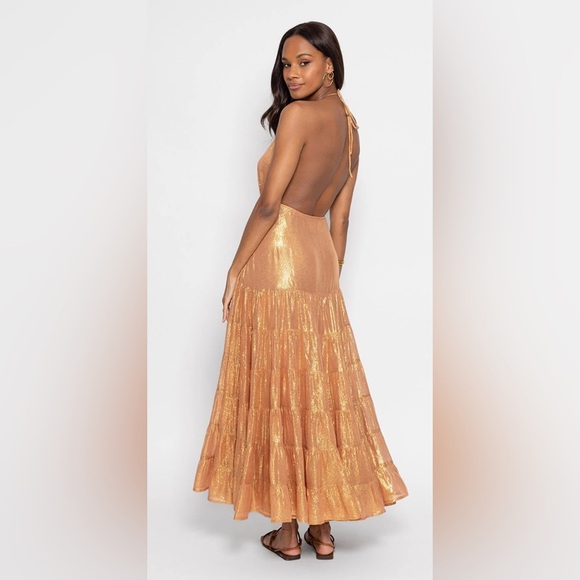 NWT Sundress Sophie Revolve Shiny Metallic Halter Maxi Resort DRESS in SAND Gold - Picture 3 of 14